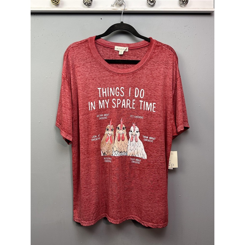 Cactus + Pearl T-Shirt Womens XXL Red Spare Time Chicken Graphic Slub Tee 11701